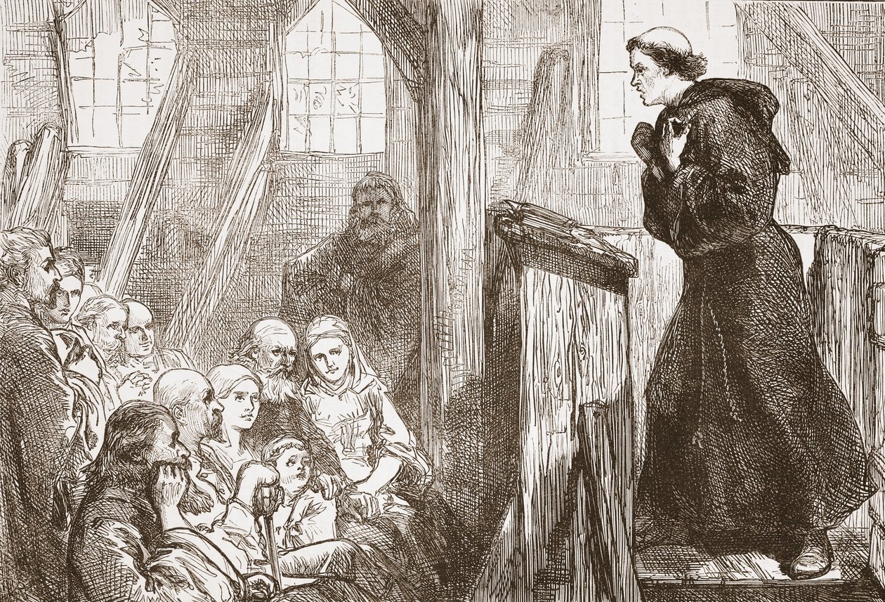 Głoszenie Lutra w starym drewnianym kościele w Wittenberdze, ilustracja z Historii protestantyzmu Jamesa Aitkena Wyliego (1808-1890), wyd. 1878 autorstwa English School