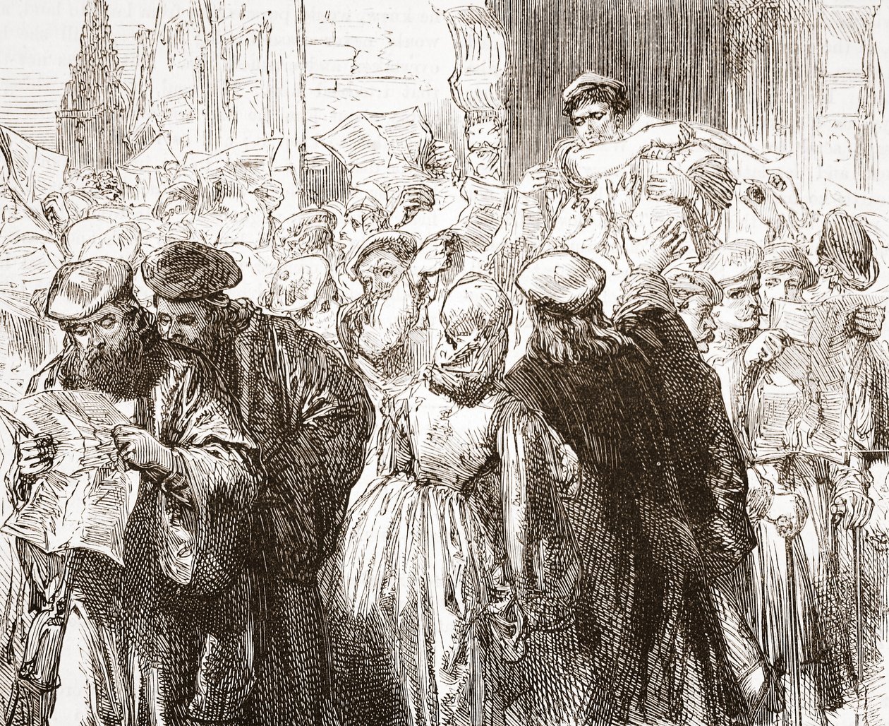 Broszura Lutra: scena w drukarni, ilustracja z Historii protestantyzmu Jamesa Aitkena Wyliego (1808-1890), wyd. 1878 autorstwa English School