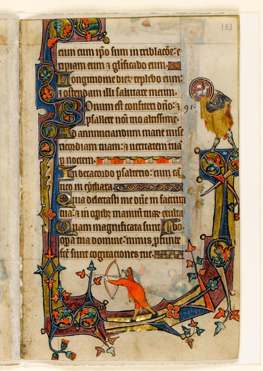MS 1-2005, k.l. 133r: Łucznik i św. Jan Chrzciciel, dekoracja marginalna z Psałterza Macclesfielda, Use of Sarum, East Anglia, c.1330 autorstwa English School
