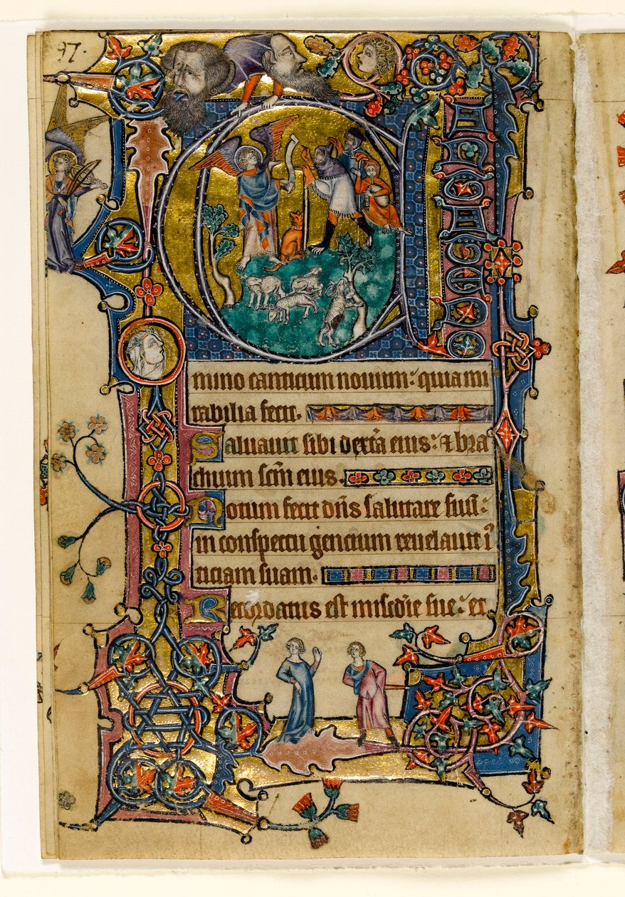 MS 1-2005, k.l. 139v: The Annunciation to the Shepherds, historyczny wstęp z Psałterza Macclesfielda, Use of Sarum, East Anglia, c.1330 autorstwa English School