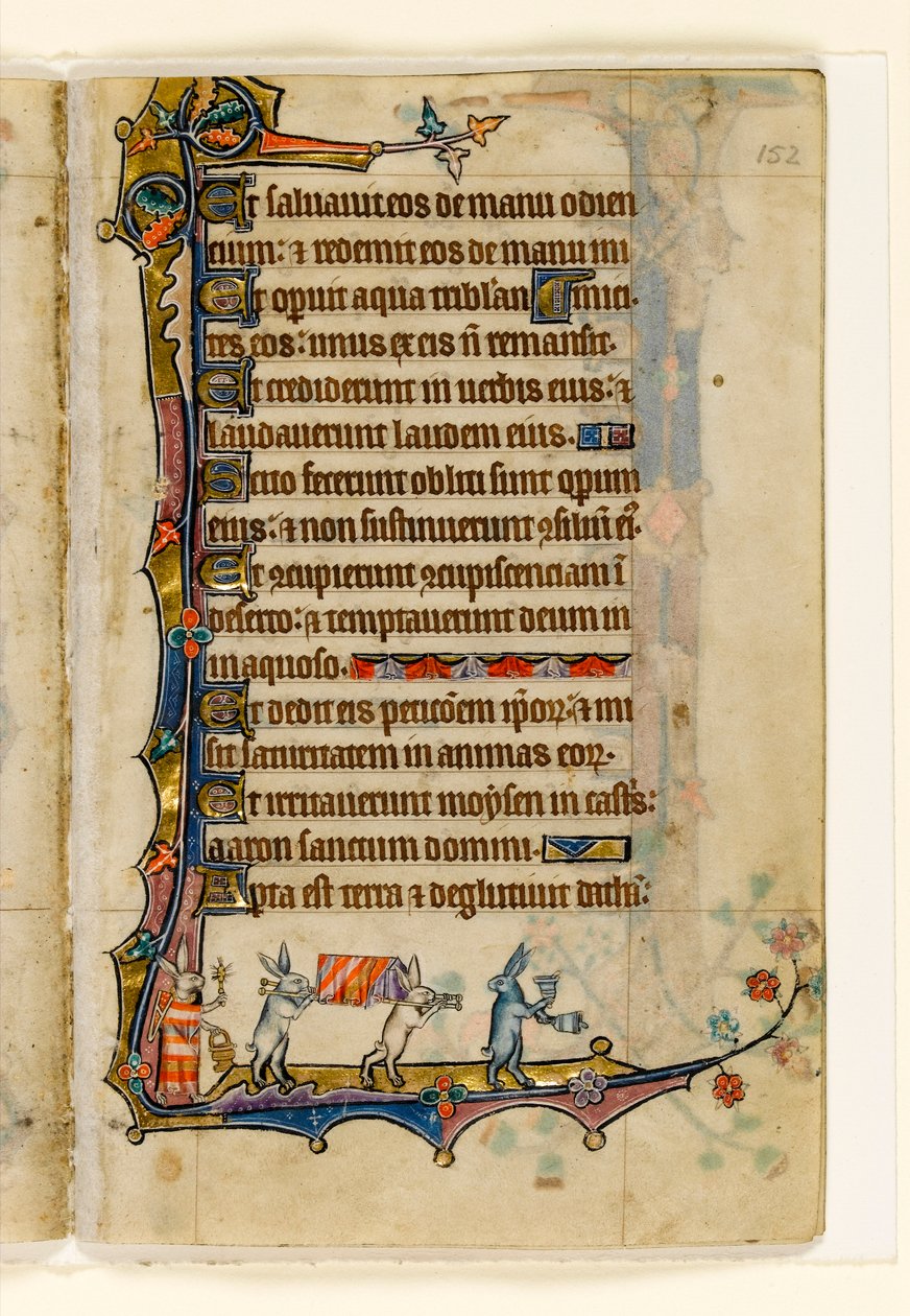 MS 1-2005, k.l. 152r: A Rabbit Funeral Procession, marginalna dekoracja z Psałterza Macclesfielda, Use of Sarum, East Anglia, c.1330 autorstwa English School