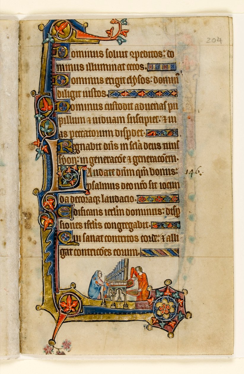 MS 1-2005, k.l. 204r: Gra na organach, marginalna dekoracja z psałterza Macclesfielda, Use of Sarum, East Anglia, c.1330 autorstwa English School