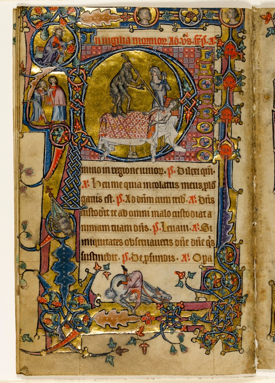 MS 1-2005, fol. 235v: Uderzenie śmierci, historyzowany inicjał "p" z Psałterza z Macclesfield, użycie Sarum, Anglia Wschodnia, ok. 1330 r. (welin) autorstwa English School