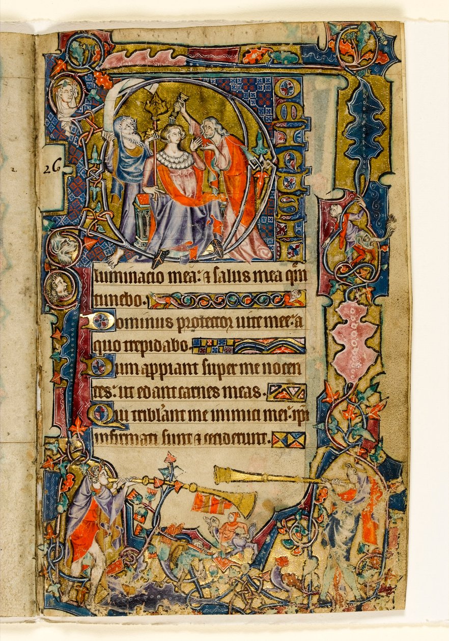 MS 1-2005, k.l. 39r: Namaszczenie Dawida i Trębaczy, historyczny wstęp z Psałterza Macclesfielda, Use of Sarum, East Anglia, c.1330 autorstwa English School