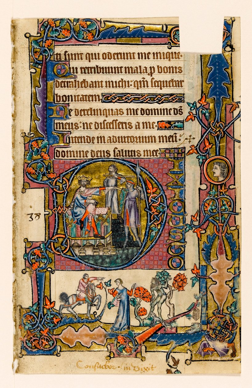 MS 1-2005, k.l. 58r: Saul wysyłający Doega, by zabił kapłanów Noba, historyczny inicjał z Psałterza Macclesfielda, Use of Sarum, East Anglia, c.1330 autorstwa English School