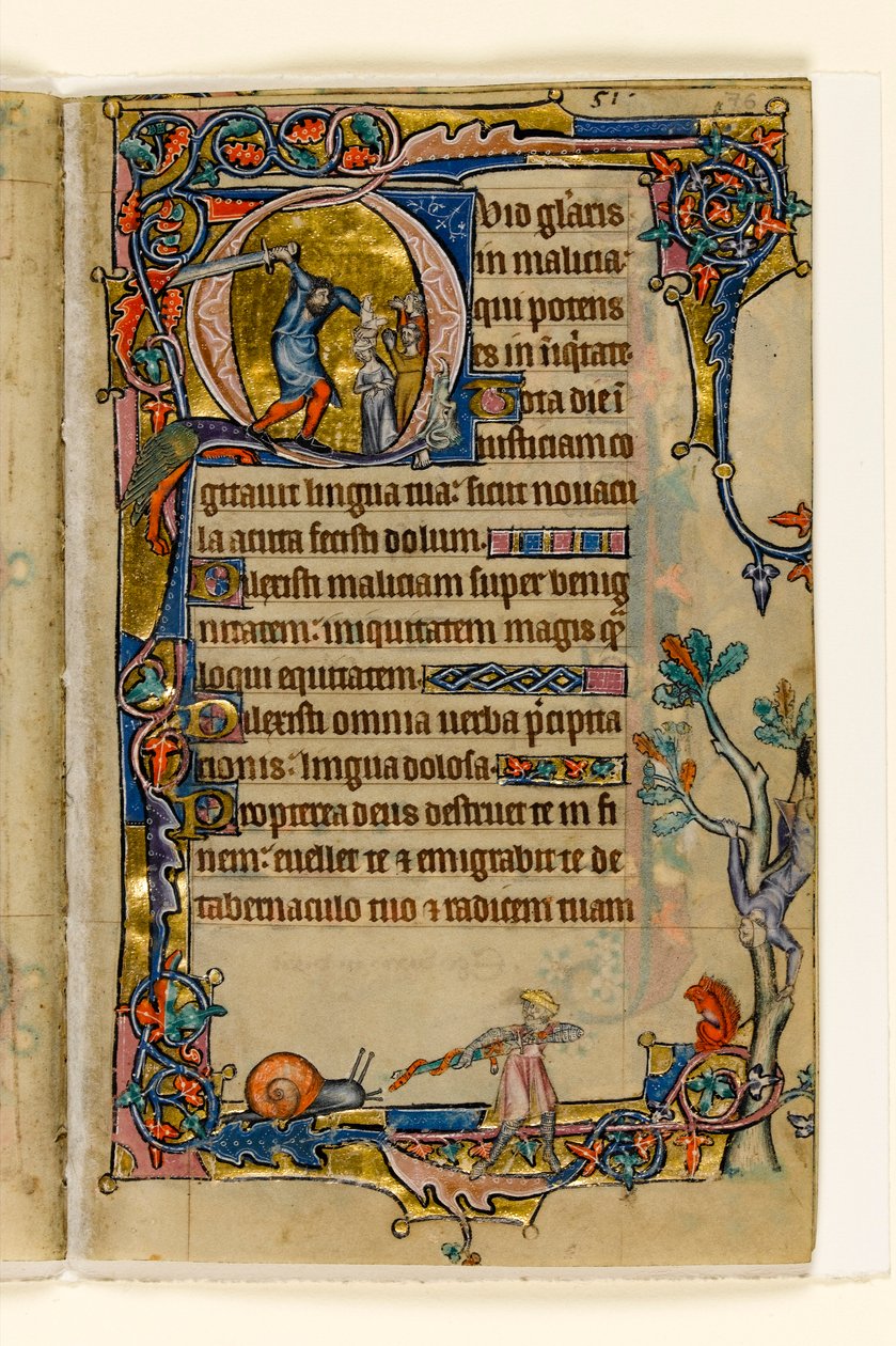 MS 1-2005, k.l. 76r: Doeg zabija księży Noba, historyczny wstęp z Psałterza Macclesfield, Use of Sarum, East Anglia, c.1330 autorstwa English School
