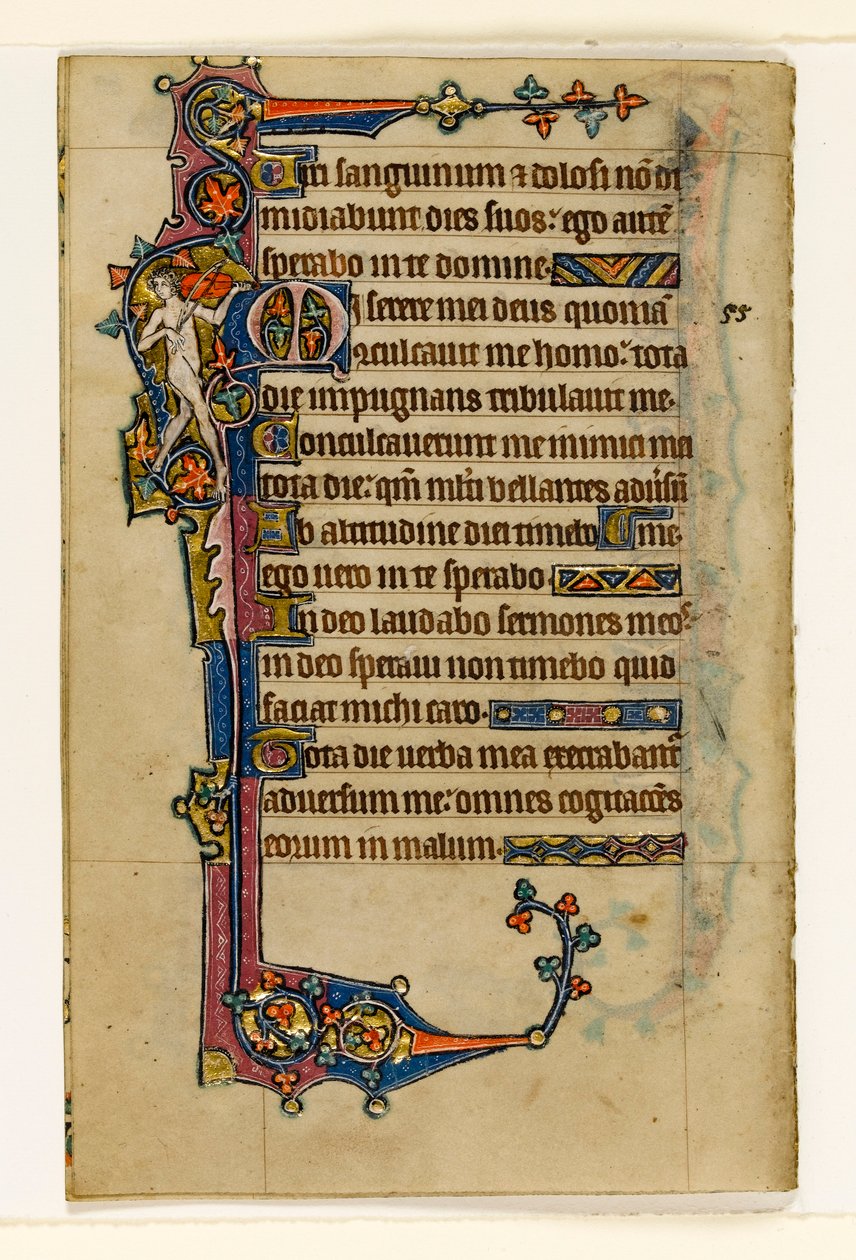 MS 1-2005, k.l. 80v: A Naked Musician, marginalna dekoracja z Psałterza Macclesfielda, Use of Sarum, East Anglia, c.1330 autorstwa English School