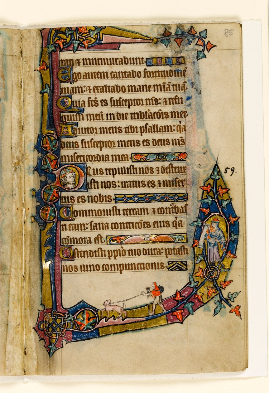 MS 1-2005, k.l. 85r: Pokutnik z psem, ozdoba marginalna z psałterza Macclesfielda, Use of Sarum, East Anglia, ok. 1330 autorstwa English School