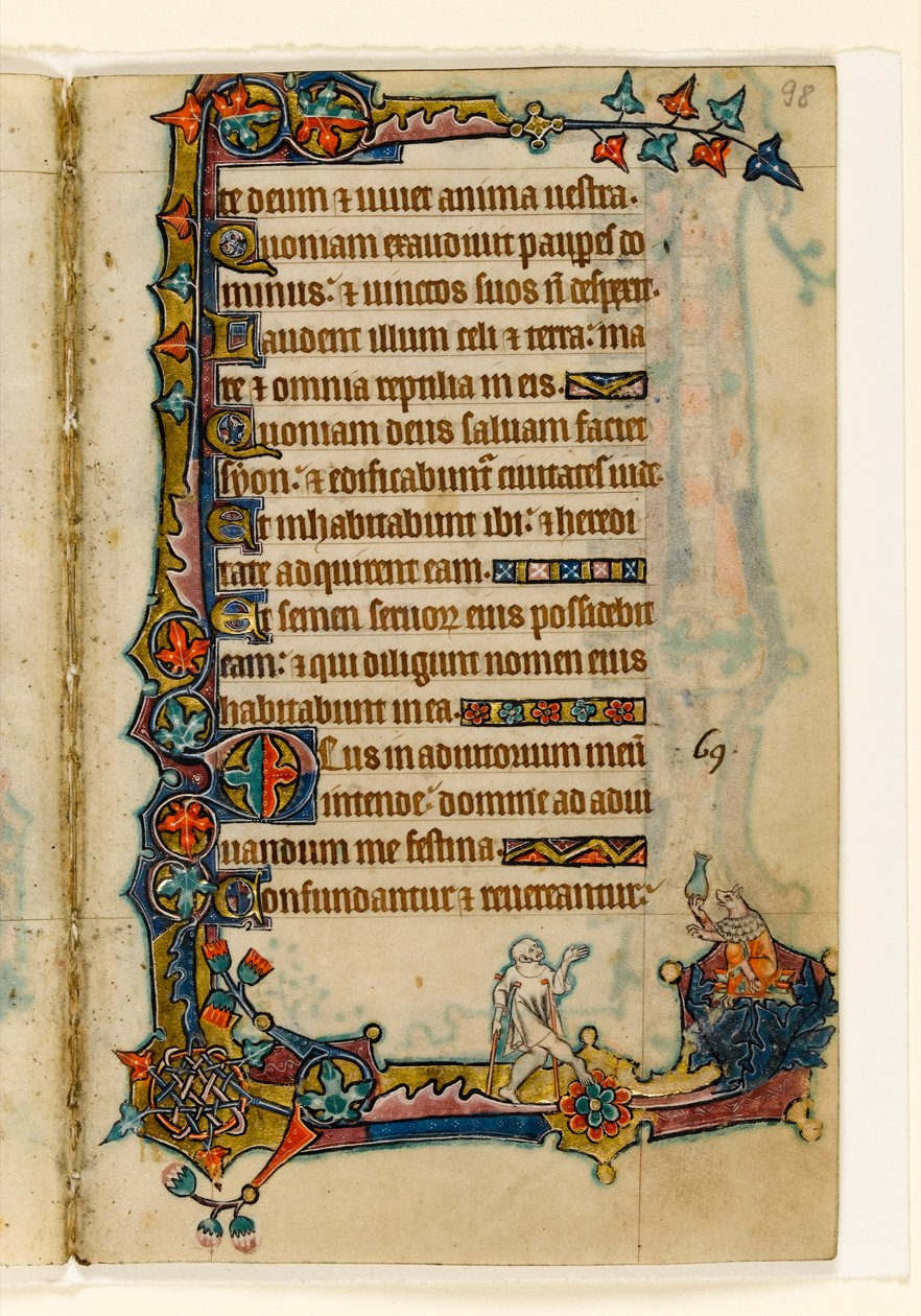 MS 1-2005, k.l. 98r: Żebrak i bogata świnia (?), marginalna dekoracja z psałterza Macclesfielda, Use of Sarum, East Anglia, c.1330 autorstwa English School