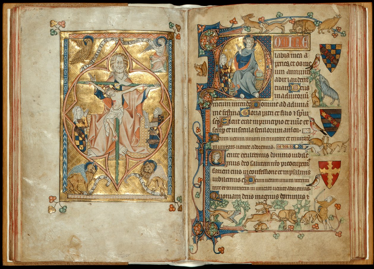 MS 242 fa. 28v-29r Tron Miłosierdzia z patronami, błogosławieństwo Chrystusa z patronem, ok. 1314-30 (złota listka i tempera na pergaminie) autorstwa English School