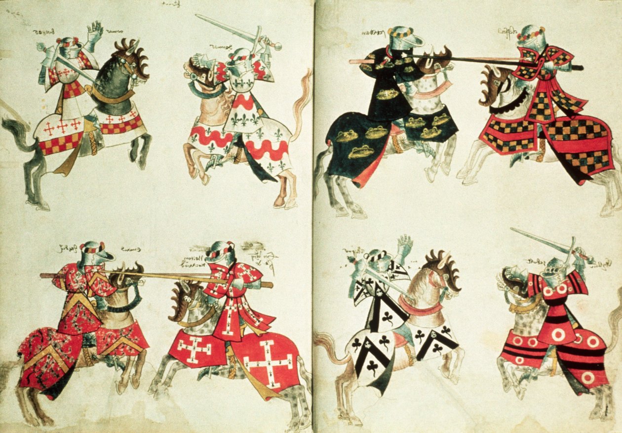 MS Harley 4205 fol.31v-32 Rycerze rycerscy pokazujący herby heraldyczne (welin) autorstwa English School