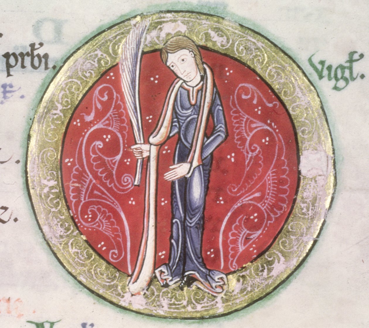 MS Hunter 229 f.4v Virgo, z psałterza Hunterian, ok. 1170 (pióro i atrament oraz tempera na welinie) (szczegół) autorstwa English School