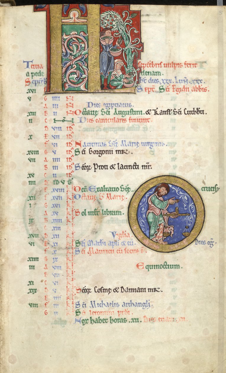 MS Hunter 229 f.5r września, z psałterza Hunterian, ok.1170 (pióro i atrament oraz tempera na welinie) autorstwa English School