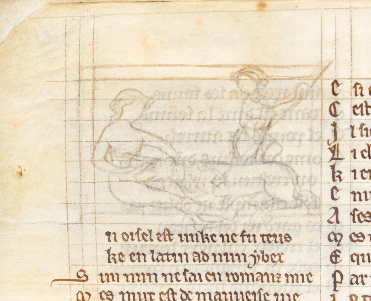 MS McClean 123 f.40v Underdrawing do miniatury przedstawiającej myśliwego łapiącego nagiego jednorożca leżącego na kolanach dziewicy, z „Księgi Nuneaton”, ok. 1280-1300 (tusz na pergaminie) (detal z 418062) autorstwa English School