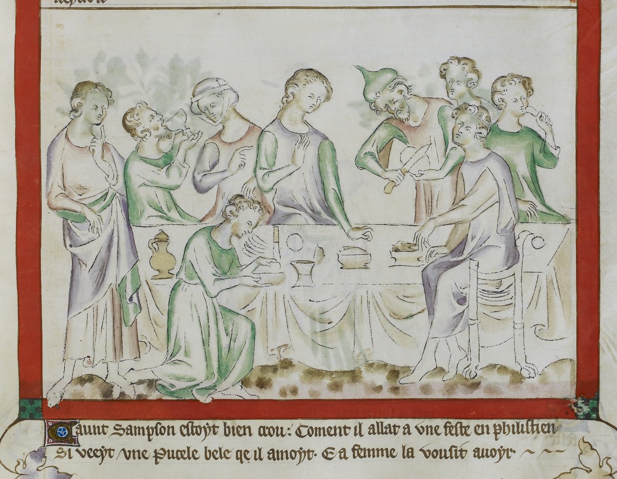MS Royal 2 BVII, f.43 Spotkanie Samsona i Dalili na uczcie filistyńskiej, fragment z „Psałterza Królowej Marii” autorstwa English School
