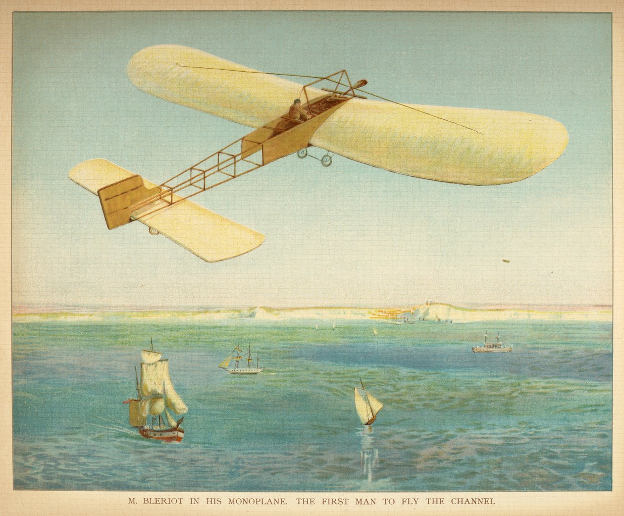 M. Bleriot w swoim jednopłatu. Pierwszy człowiek, który przeleciał kanał. Księga małych ludzi o sterowcach. Londyn: Ernest Nister, [1912] autorstwa English School