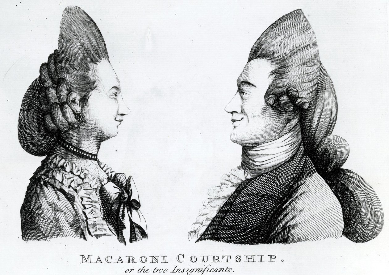 Macaroni Courtship or the two Insignificants, opublikowany przez M. Darly, 1772 (mezzotinta) autorstwa English School