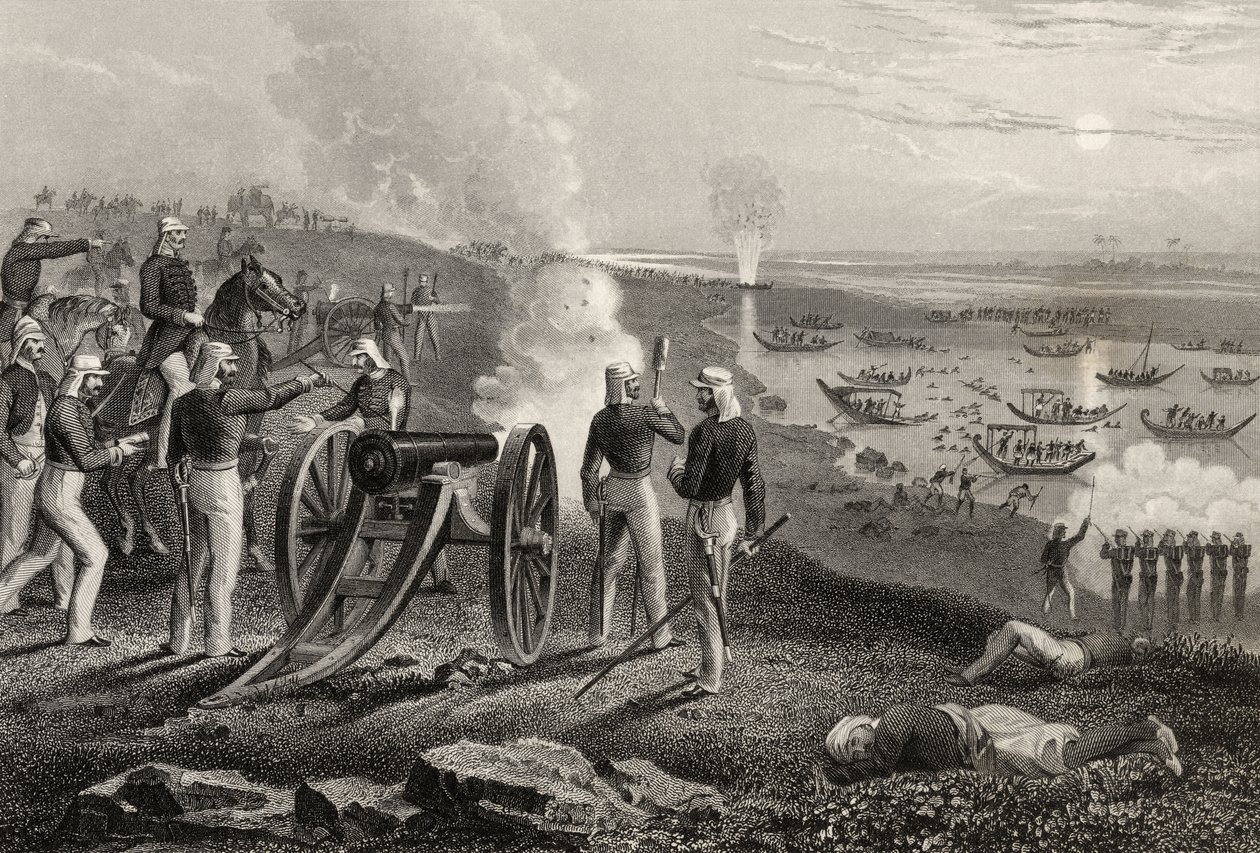 Major Eyre kierujący rebeliantami z Oude z Allahabadu w 1857 r., z „Historii indyjskiego buntu” opublikowanej w 1858 r. autorstwa English School