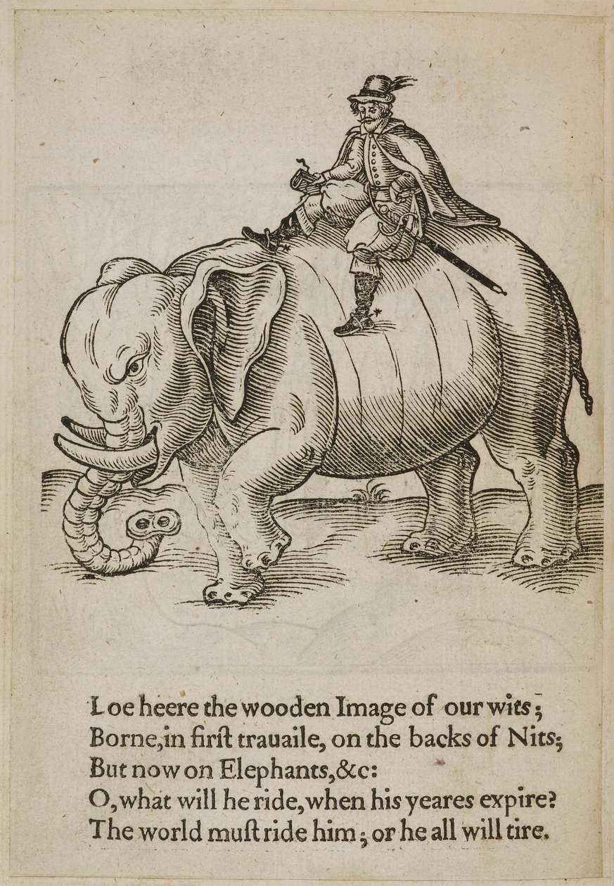 Mężczyzna jadący na słoniu, ilustracja z „Thomas Coriate Traueller for the English Wits” autorstwa English School
