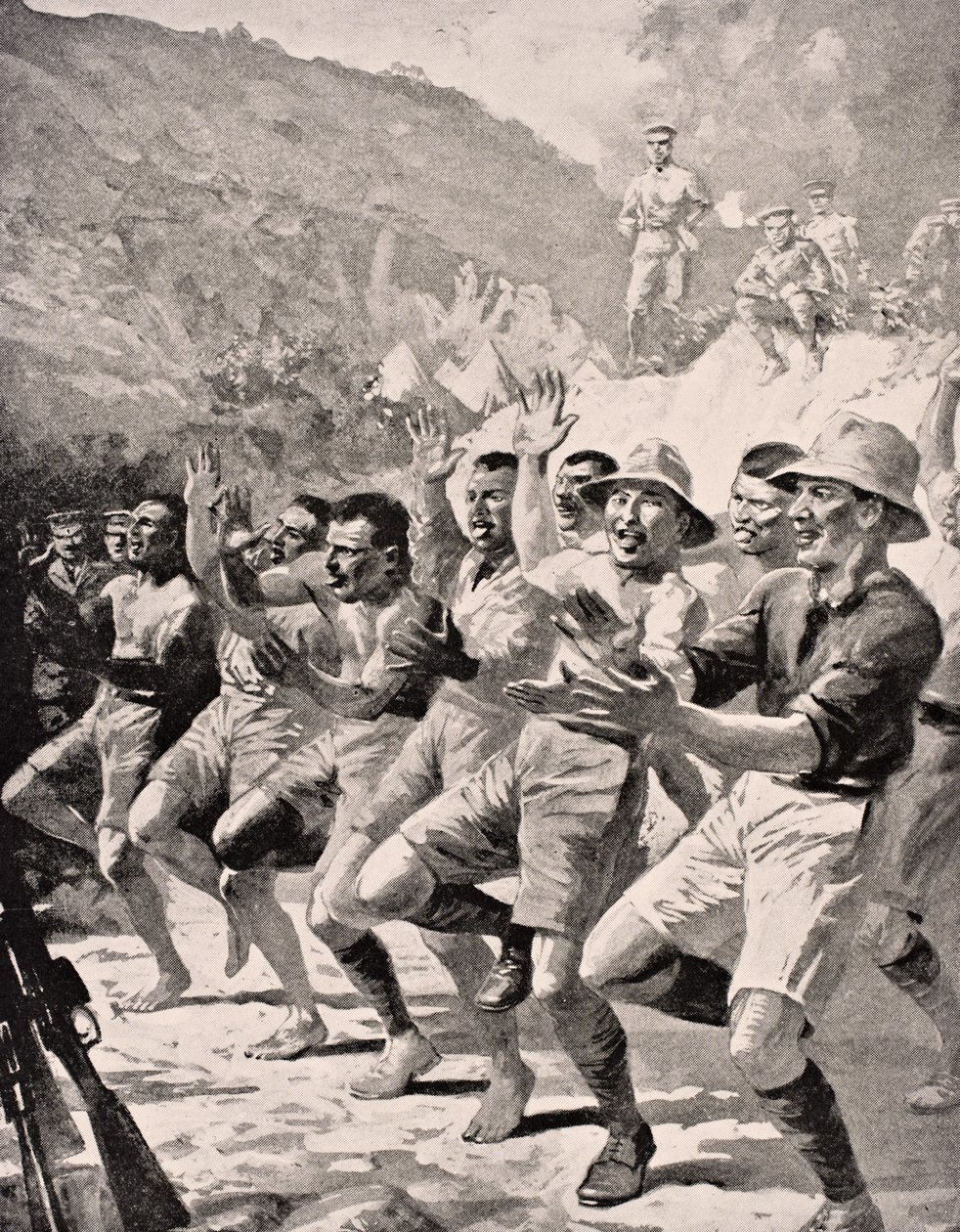 Maoryscy żołnierze wykonują Haka w Gaba Tepe na Półwyspie Gallipoli Turcja 1915, z "The War Illustrated Album deLuxe", wydany w Londynie, 1916 autorstwa English School