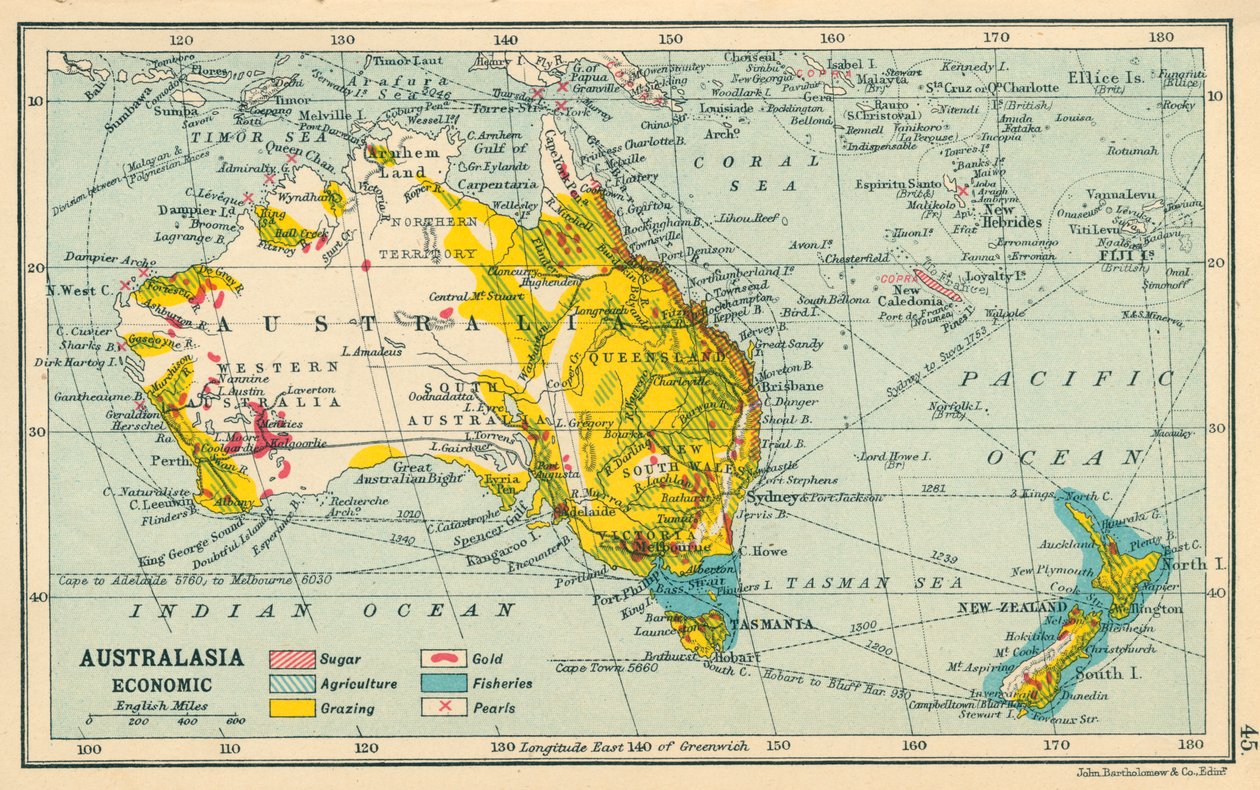 Mapa: Australazja, Ekonomiczna (kolorowa litografia) autorstwa English School