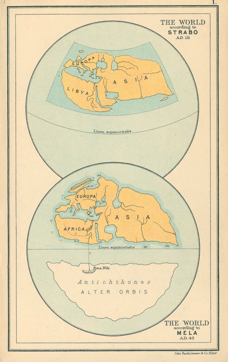 Mapa: Świat według Strabo AD 18, Mela AD 43 (kolorowa litografia) autorstwa English School