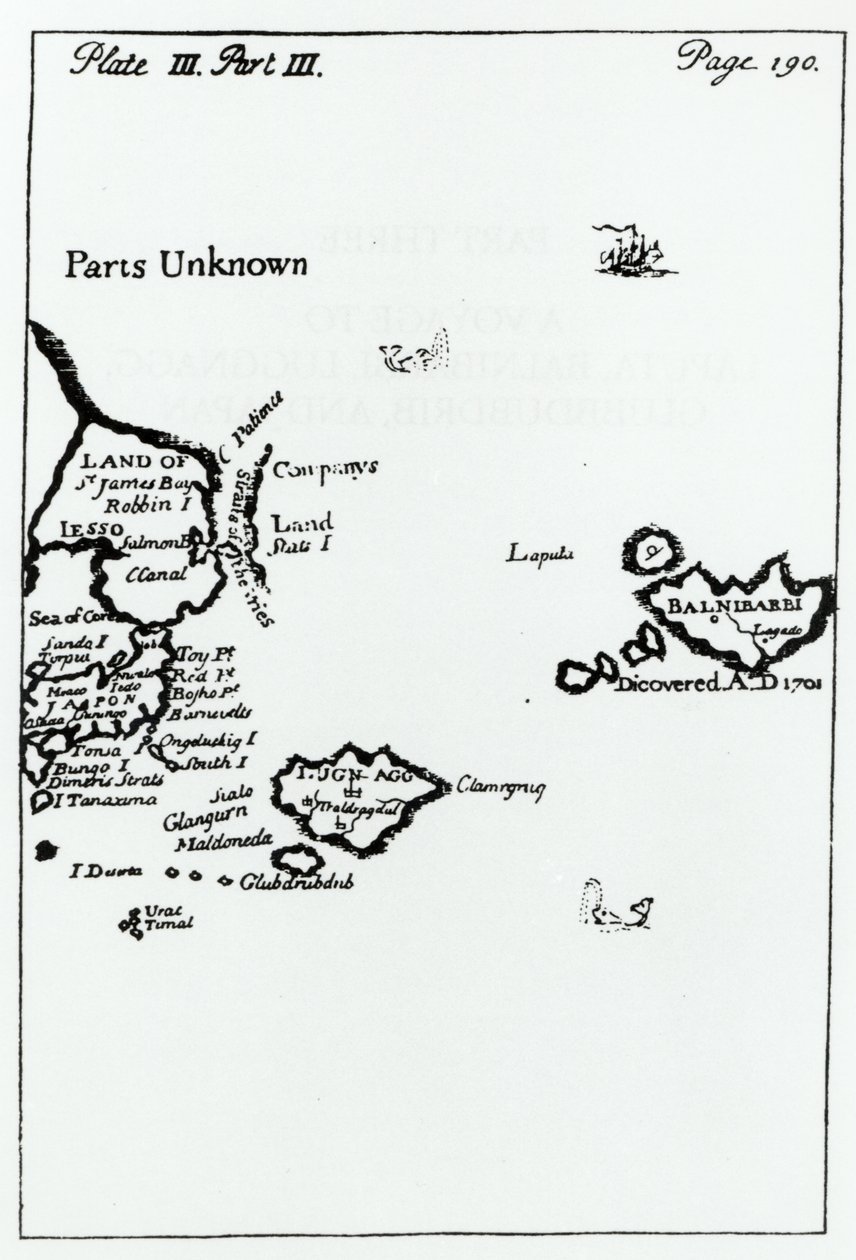 Mapa z Podróży Guliwera autorstwa Jonathana Swifta (1667-1745) autorstwa English School