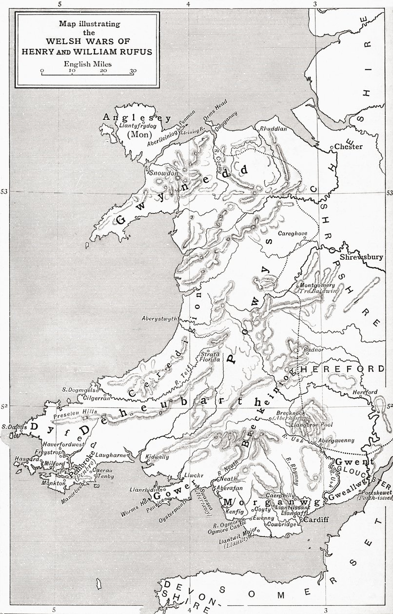 Mapa ilustrująca wojny walijskie Williama Rufusa i Henryka I, z „Krótkiej historii ludu angielskiego” J.R. Greena, opublikowanej w 1893 r. autorstwa English School