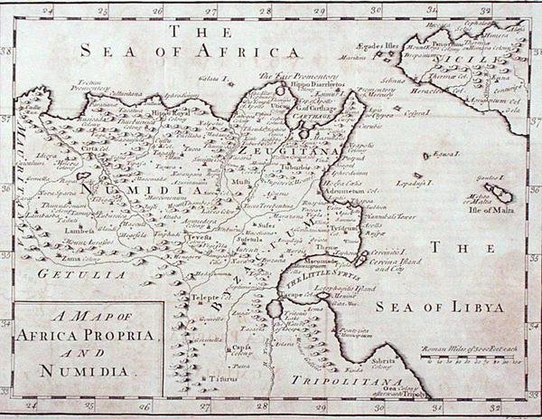 Mapa Afryki Propria i Numidia (współczesna Tunezja i Algieria) koniec XVIII wieku (rycina) autorstwa English School