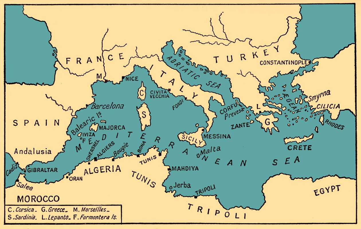 Mapa starożytnego piractwa i barbarzyńskich korsarzy, z "Historii piractwa" Philipa Gosse