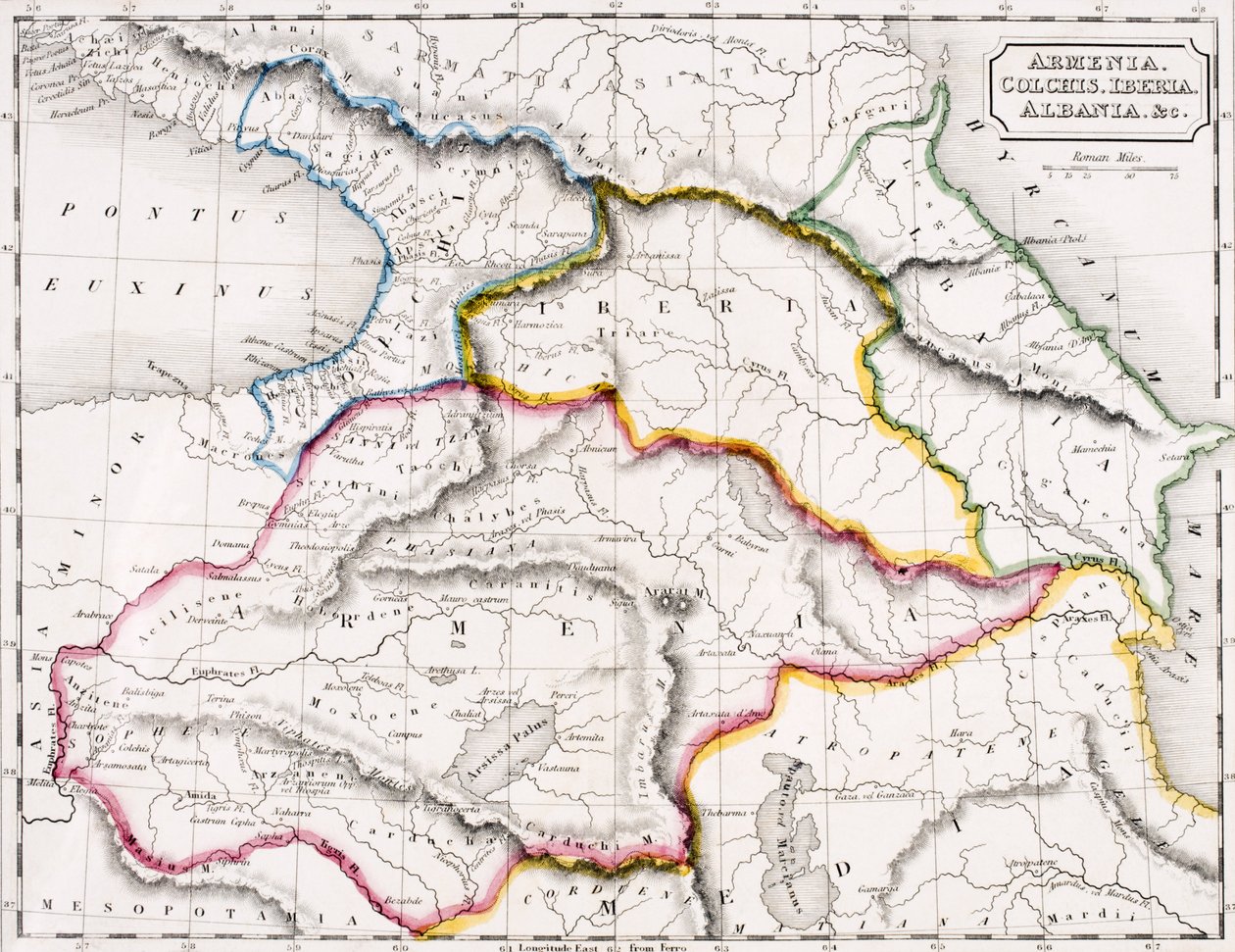 Mapa Armenii, Kolchidy, Iberii i Albanii z „Atlasu geografii antycznej”, Samuela Butlera, wydanej w Londynie, ok. 1829 (kolor lito) autorstwa English School