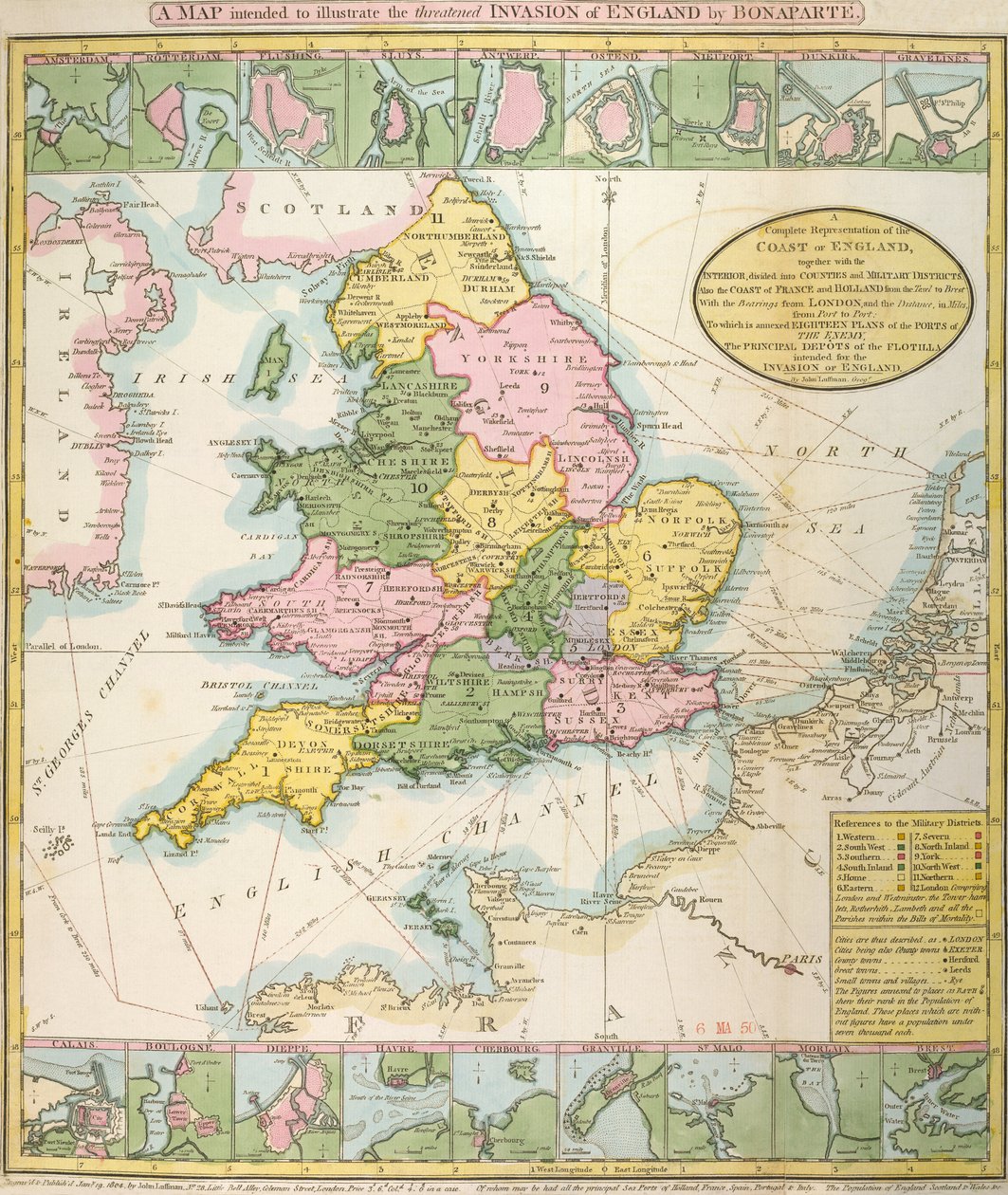 Mapa Wielkiej Brytanii, ilustrująca zagrożoną inwazję Napoleona Bonaparte (1769-1821) 1803 (kolor lito) autorstwa English School