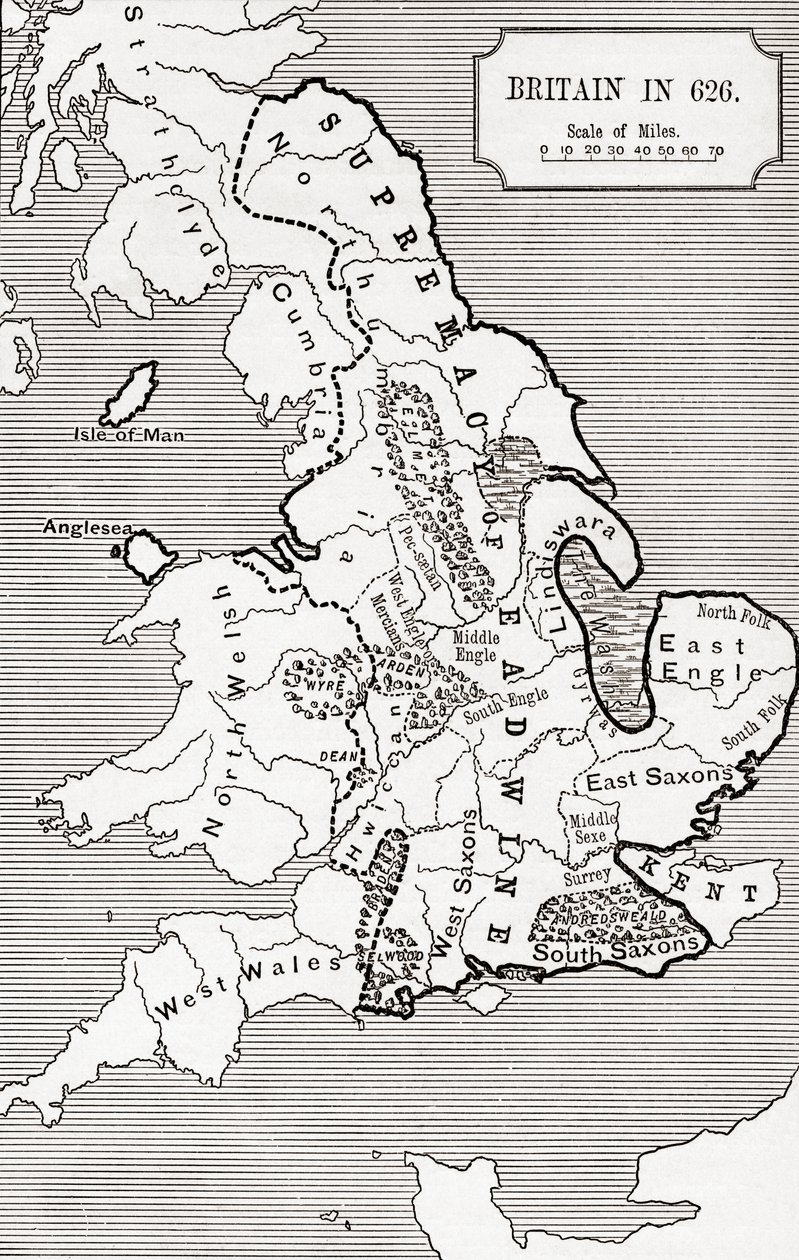 Mapa Wielkiej Brytanii w 626, od The Northumbrian Kingdom 588 do 685 w „Krótkiej historii ludu angielskiego” J. R. Greena, opublikowanej w 1893 r. autorstwa English School