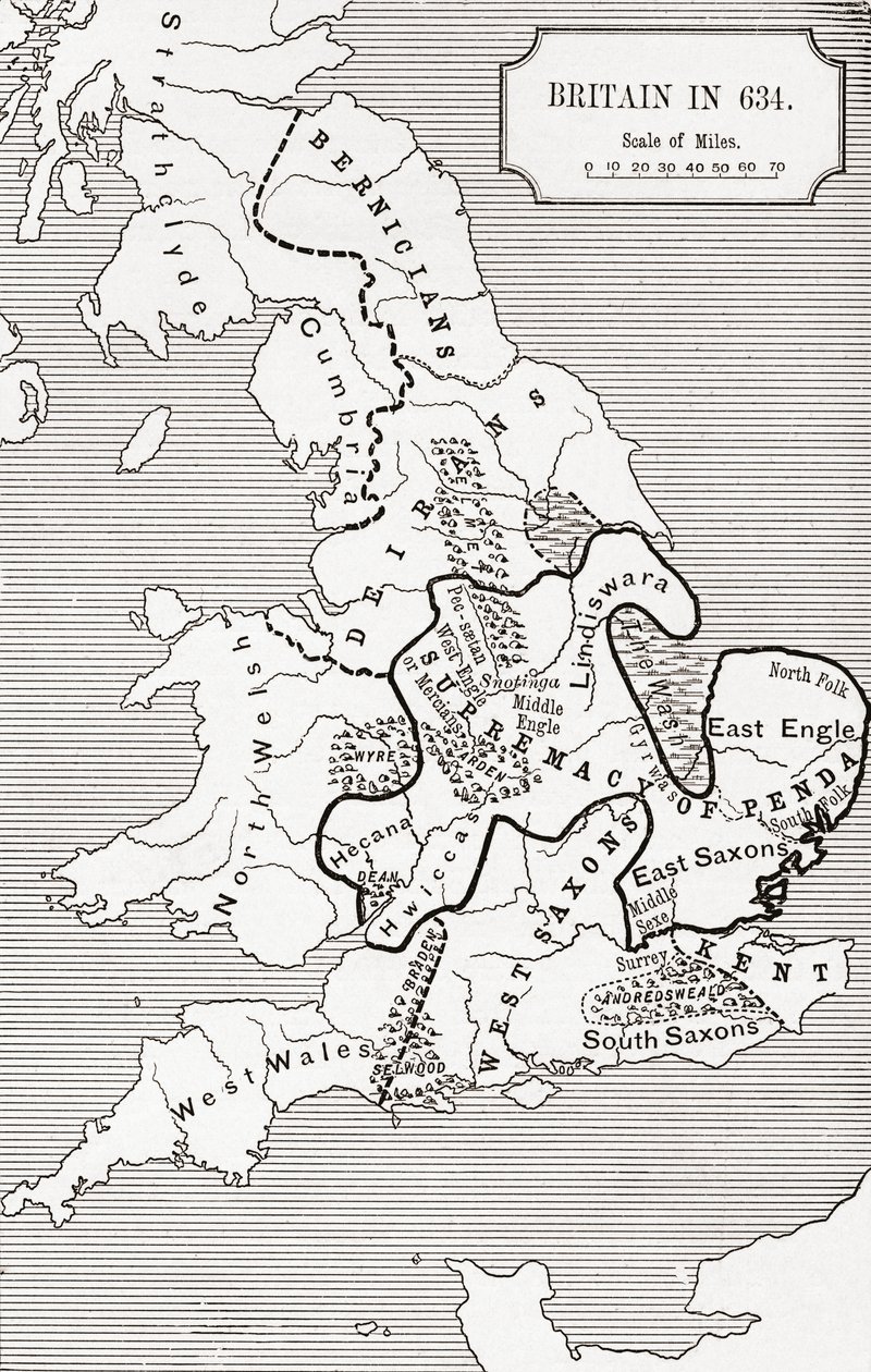 Mapa Wielkiej Brytanii w 634, od The Northumbrian Kingdom 588 do 685 w „Krótkiej historii ludu angielskiego” J. R. Greena, opublikowanej w 1893 r. autorstwa English School