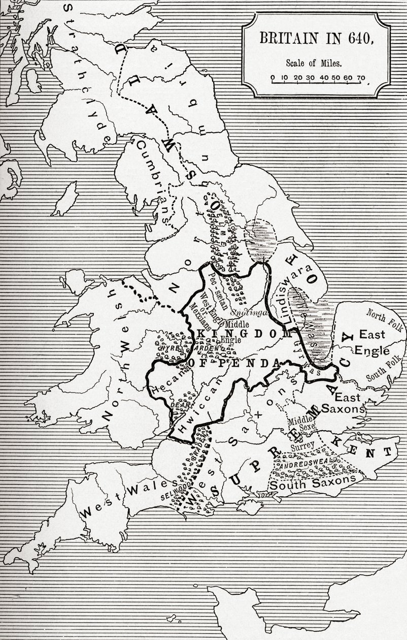 Mapa Wielkiej Brytanii w 640, z The Northumbrian Kingdom w „Krótkiej historii Anglików” J. R. Greena, opublikowanej 1893 autorstwa English School