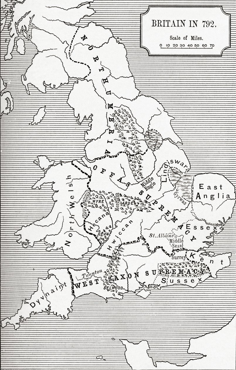 Mapa Wielkiej Brytanii w 792 r., od The Three Kingdoms 685 do 828 w „Krótkiej historii ludu angielskiego” J. R. Greena, opublikowanej w 1893 r. autorstwa English School