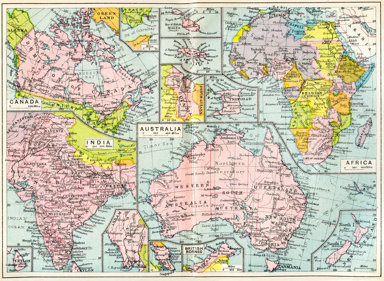 Mapa posiadłości brytyjskich w 1914 r. w momencie wybuchu I wojny światowej, z The British Empire Universities Modern English Illustrated Dictionary, wyd. 1914 autorstwa English School
