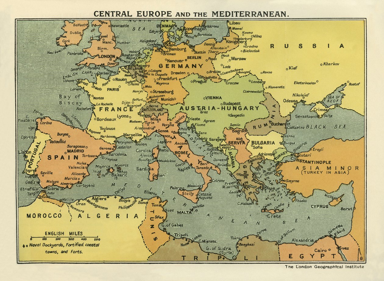 Mapa Europy Środkowej i basenu Morza Śródziemnego, z "The History of the Great European War, Vol. III" (druk) autorstwa English School