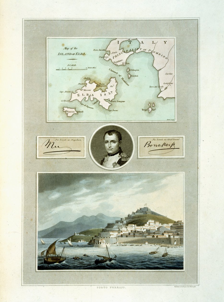 Mapa Elby i widok Porto Ferraio z portretem Napoleona i faksymile jego podpisu, 1815 (kolorowe grawerowanie) autorstwa English School