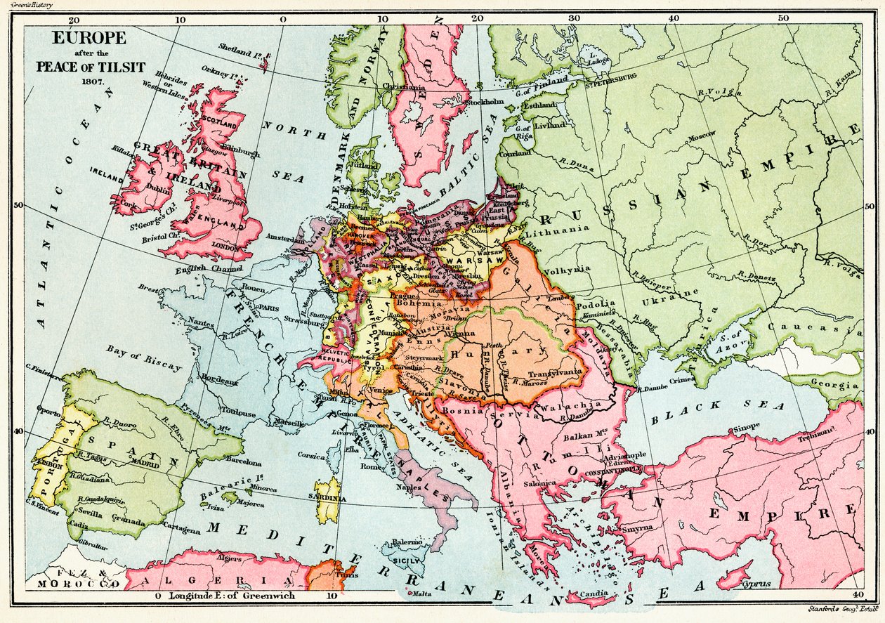 Mapa Europy po pokoju tylżyckim w 1807 r., z „Krótkiej historii narodu angielskiego” J. R. Greena, opublikowana w 1893 r. autorstwa English School