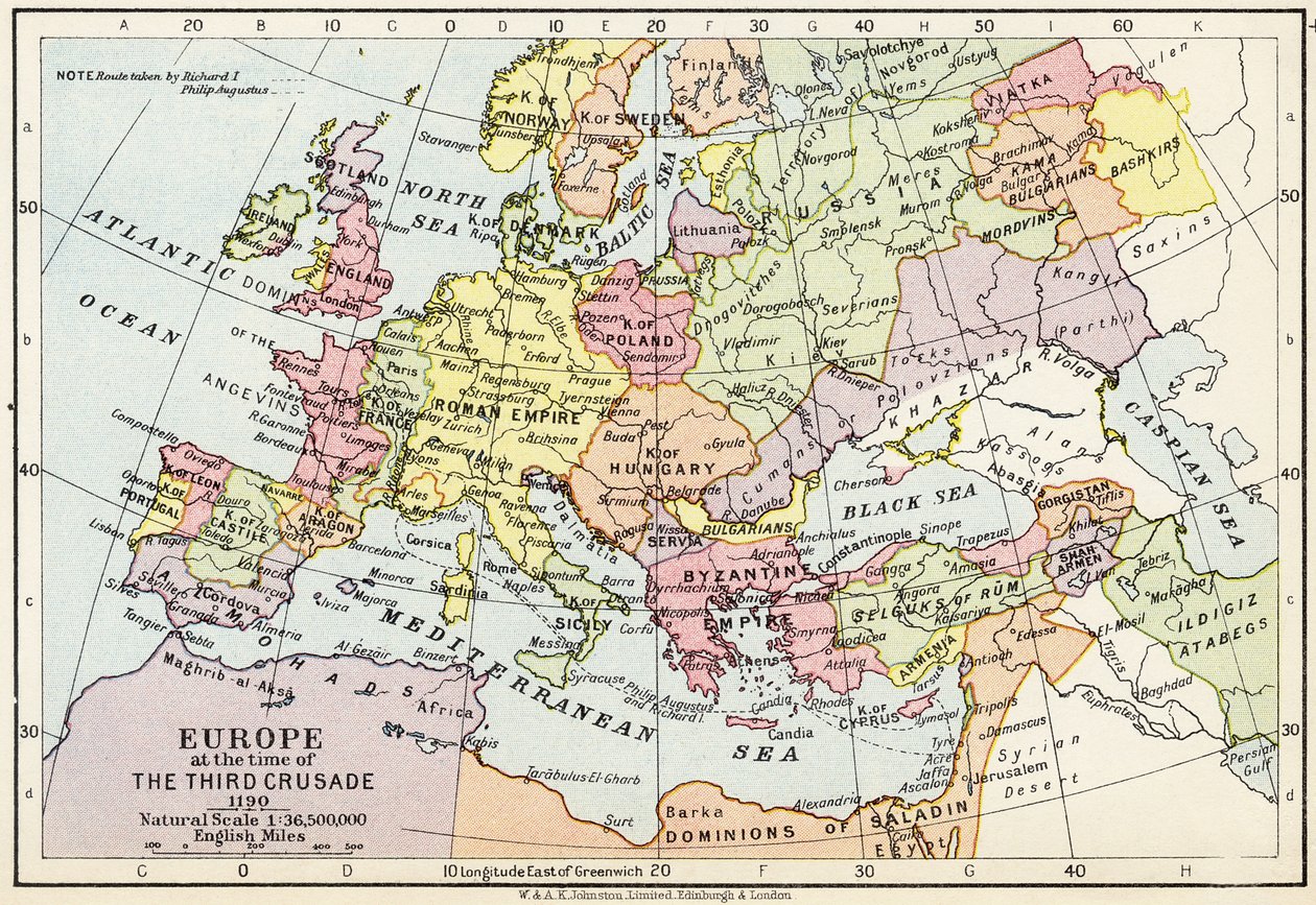 Mapa Europy w czasie III krucjaty, 1190, z „Atlasu historycznego”, wydanego przez W. und A.K. Johnston Limited, 1911 autorstwa English School