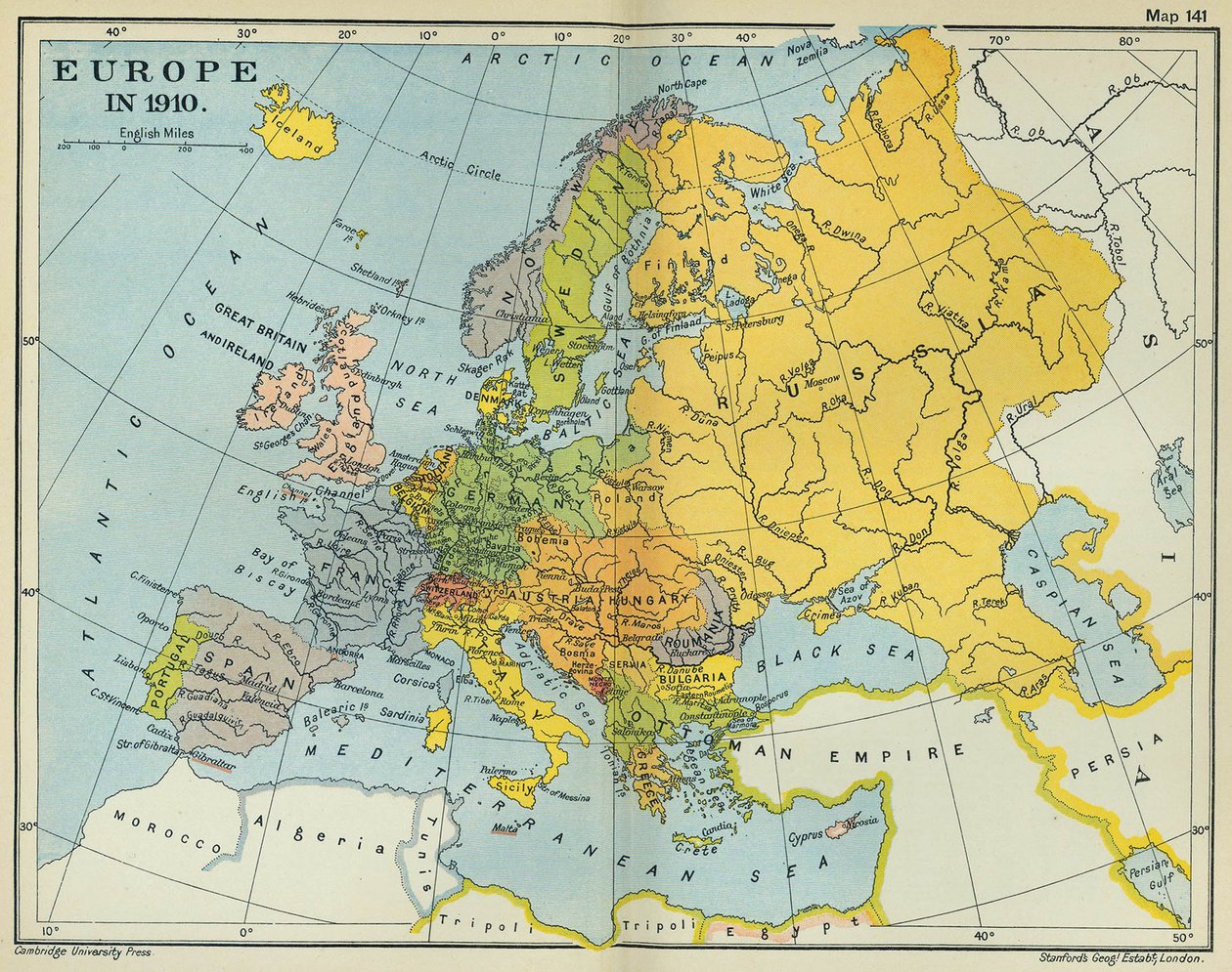 Mapa Europy w 1910 roku (kolor lito) autorstwa English School