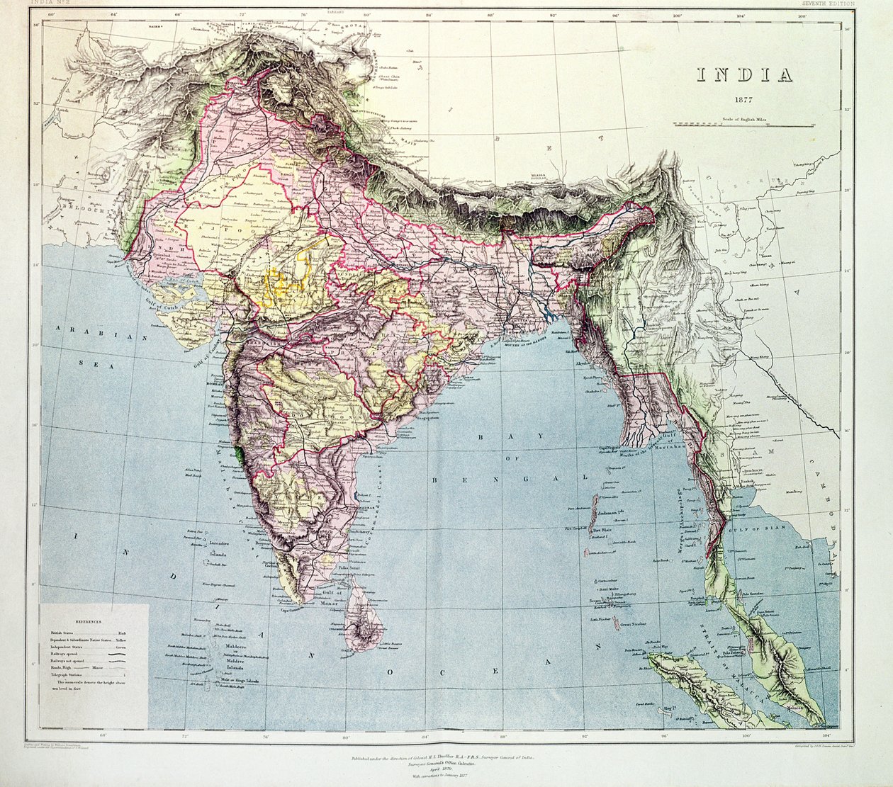Mapa Indii, opublikowana pod kierownictwem pułkownika H.R. Thuilliera, RE, Surveyor General of India, 1877 autorstwa English School