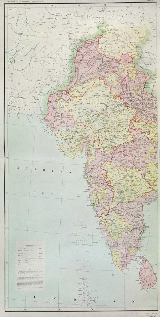 Mapa Indii, opublikowana pod kierownictwem pułkownika H.R. Thuilliera, RE, Surveyor General of India, 1877 autorstwa English School