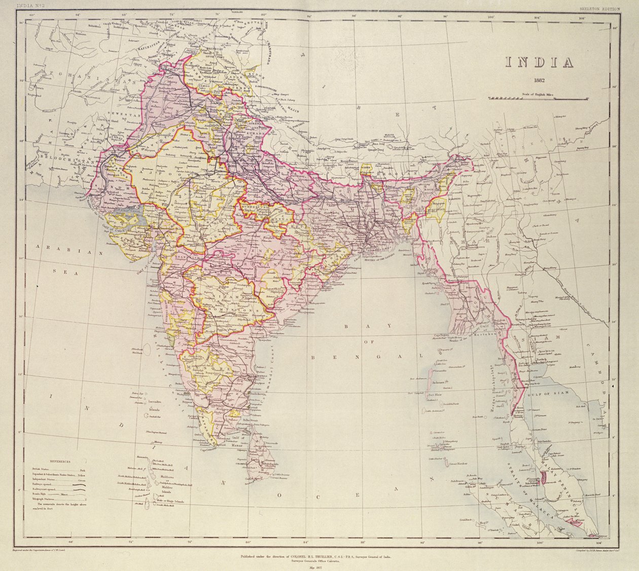 Mapa Indii, opublikowana pod kierownictwem pułkownika H.R. Thuilliera, RE, Surveyor General of India, 1882 autorstwa English School