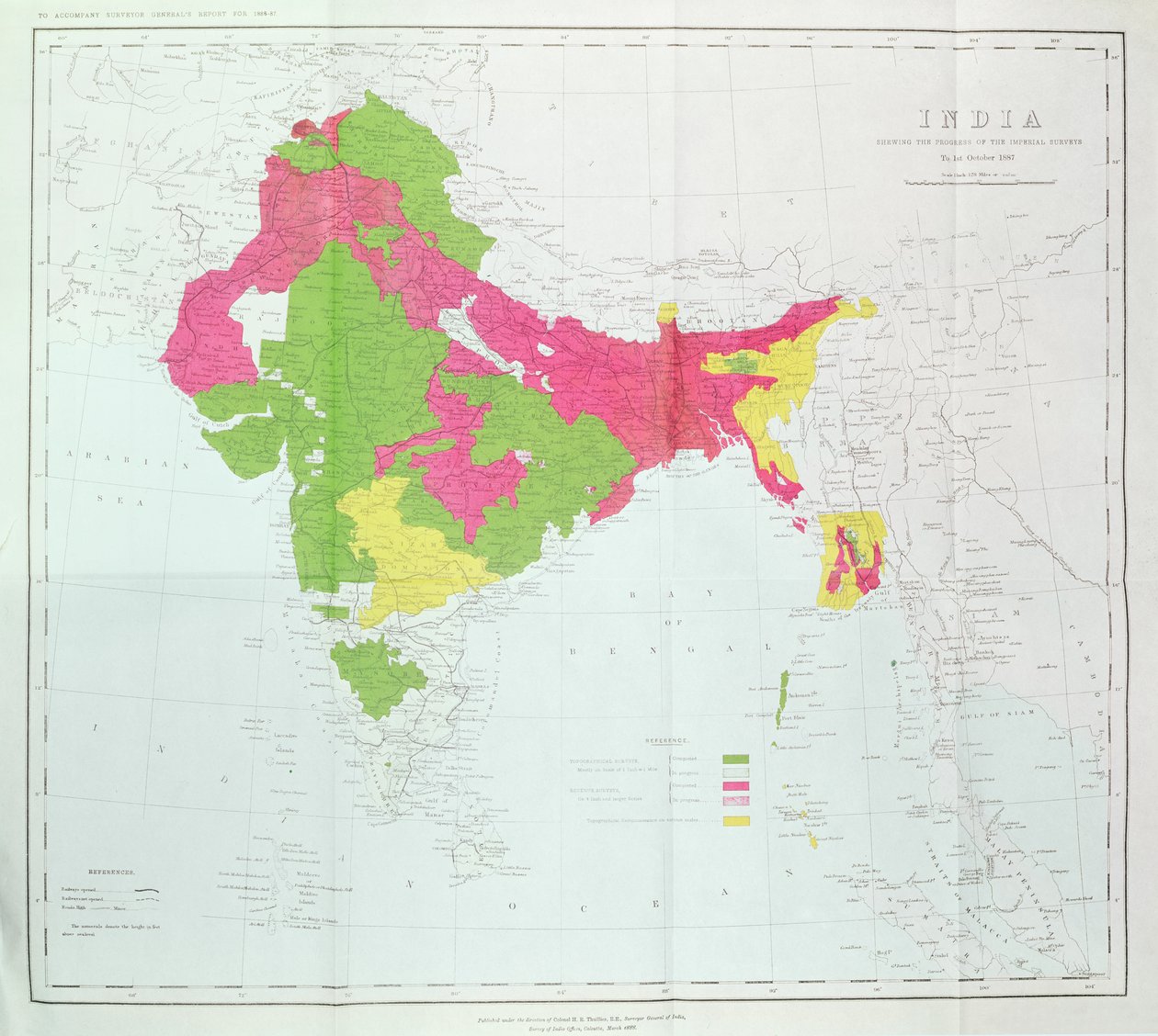 Mapa Indii, przedstawiająca postępy Imperial Surveys, opublikowana pod kierownictwem pułkownika H.R. Thuilliera, RE, Surveyor General of India, 1888 autorstwa English School