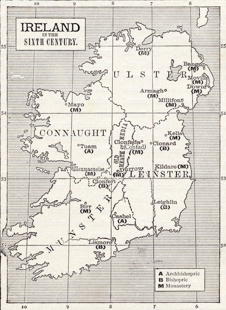 Mapa Irlandii w VI wieku z książki „Kościół Anglii: historia dla ludu”, wydanej ok. 1910 r. autorstwa English School