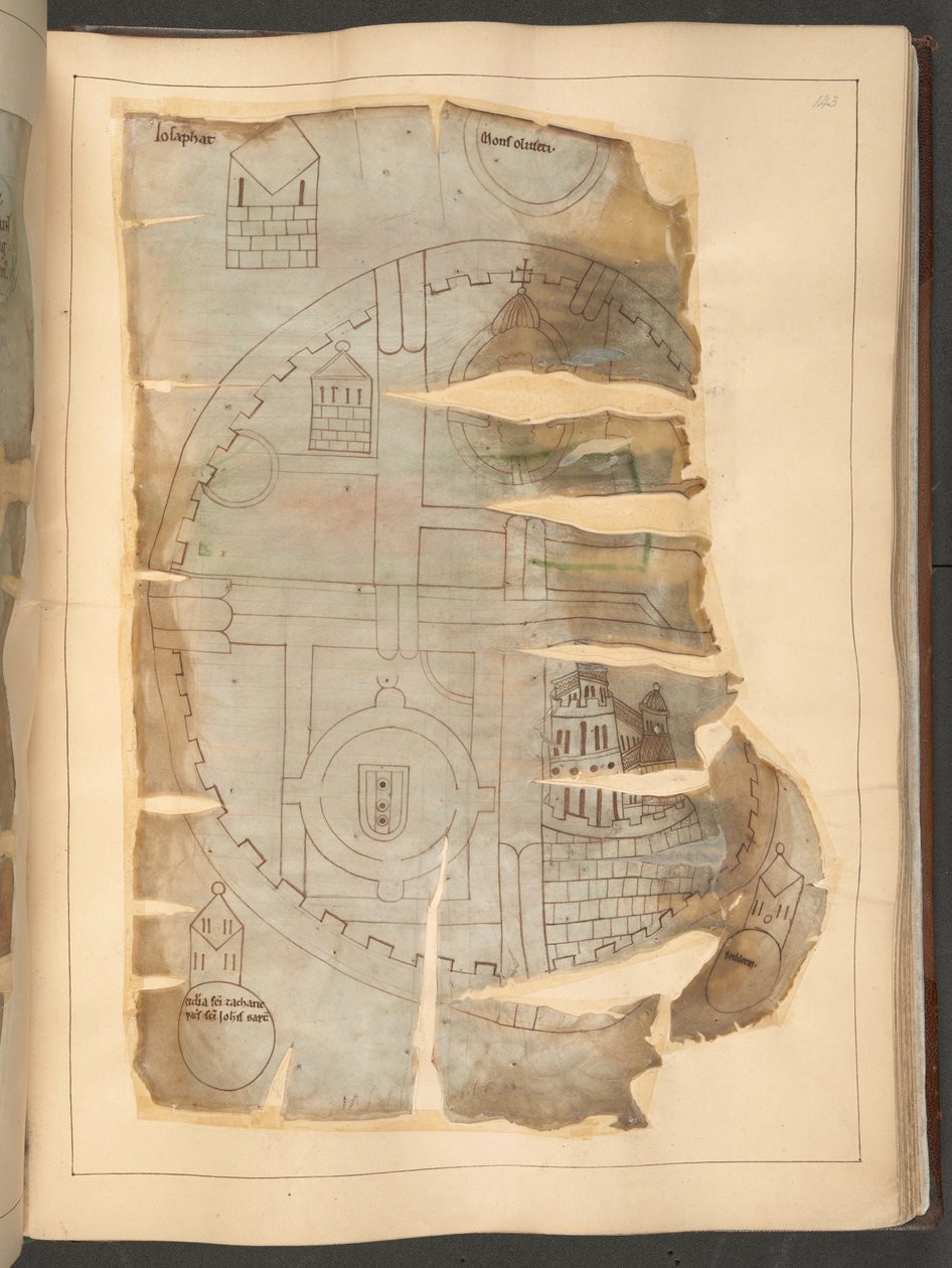 Mapa Jerozolimy, z „Kroniki Winchcombe”, MS Cotton Tiberius E. IV, fol.143r (welum) autorstwa English School