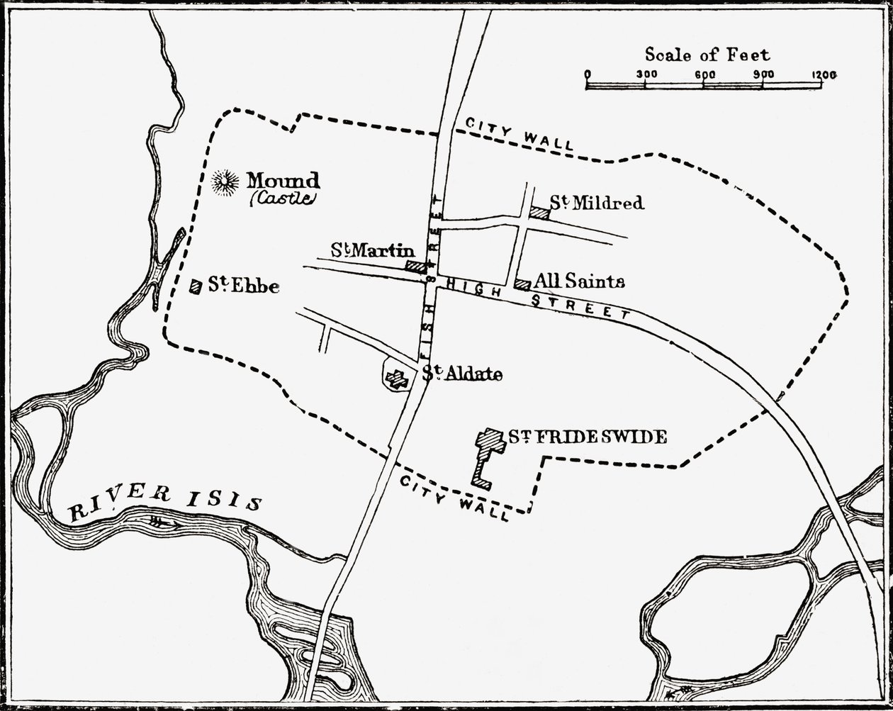 Mapa Oxfordu, Anglia, XII-XIII wiek, z "Krótkiej historii narodu angielskiego" J.R. Green, opublikowanej w 1893 r. autorstwa English School