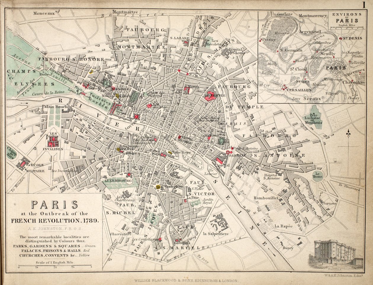 Mapa Paryża w momencie wybuchu rewolucji francuskiej, 1789 autorstwa English School